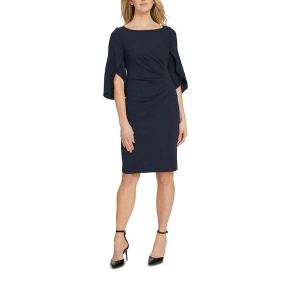 DKNY Dress Womens 16 Navy Blue Flutter Sleeve Ruched Formal Sheath Party Holiday - Picture 1 of 10
